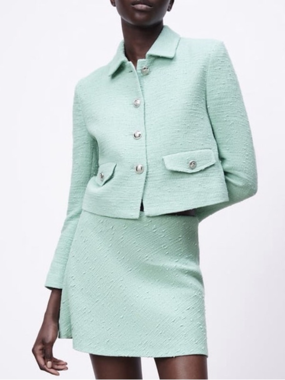ZARA Aquamarine Turquoise Teal Green Blue Textured Jacket Tweed Skirt Set Small